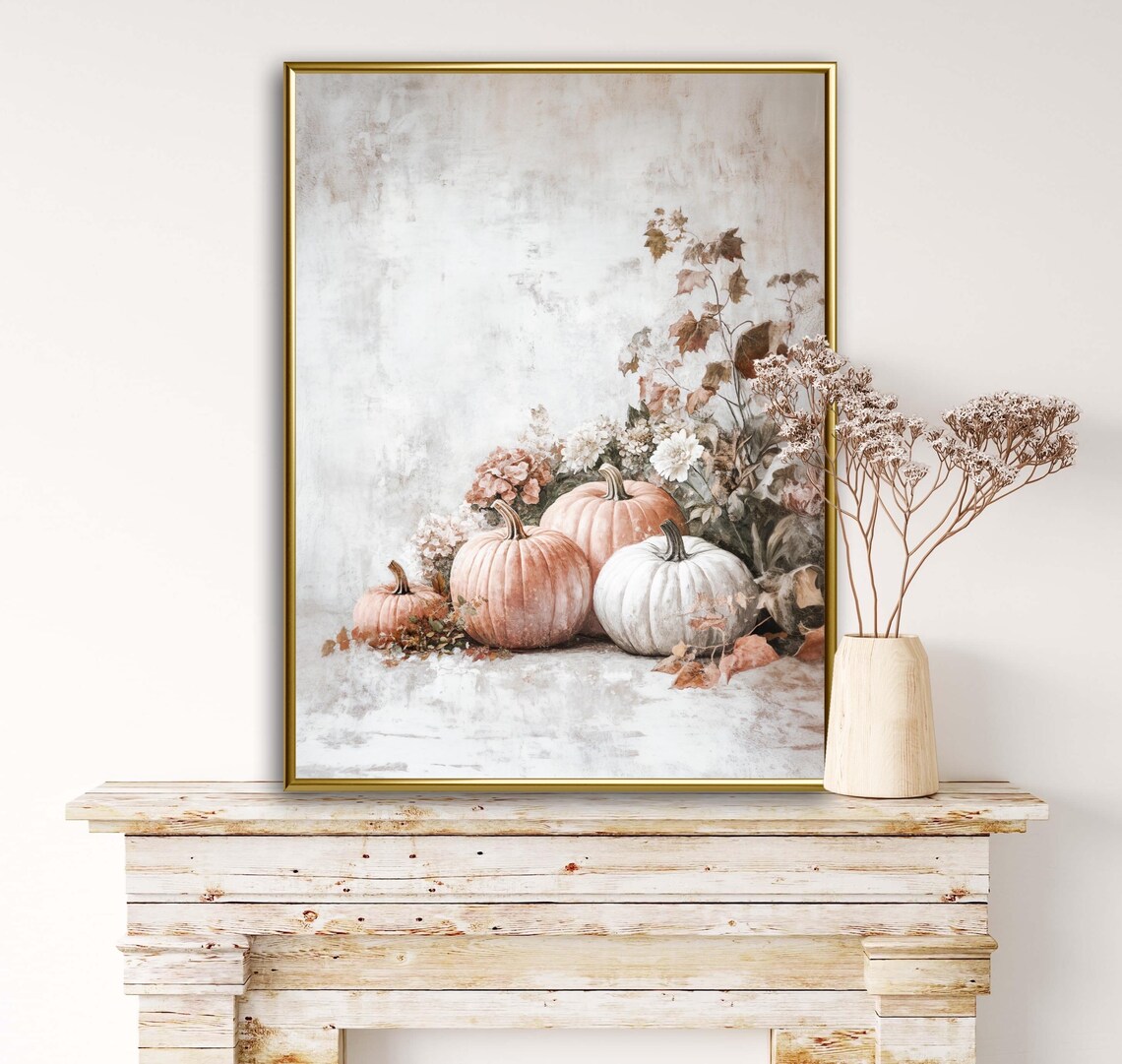 White And Blush Pumpkins With Wildflowers Still Life Fall Wall Art Poster - Image 6