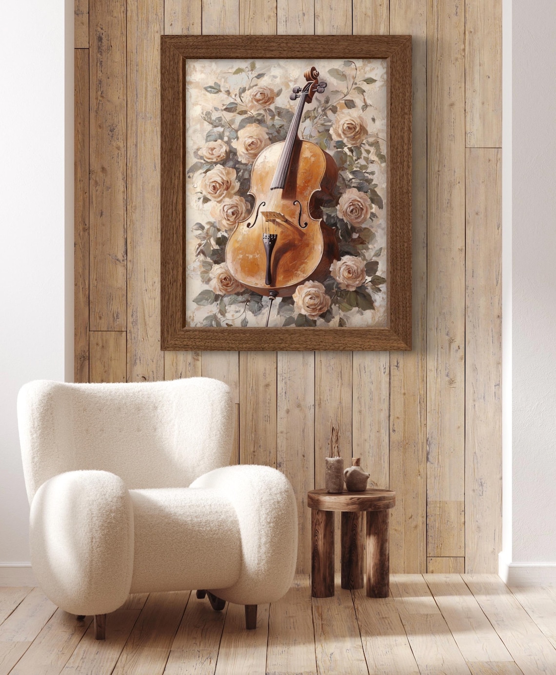 Vintage Cello Surrounded by Cream Roses Floral Musical Instrument Wall Art Print - Image 3