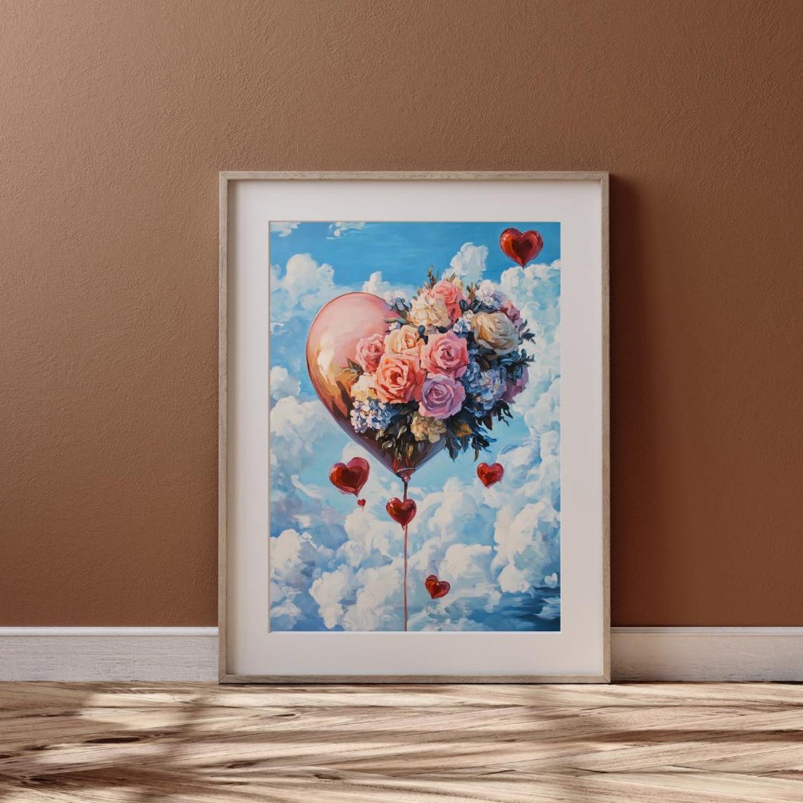 Floral Heart Hot Air Balloon Cloudy Blue Sky Romantic Art Poster - Image 6