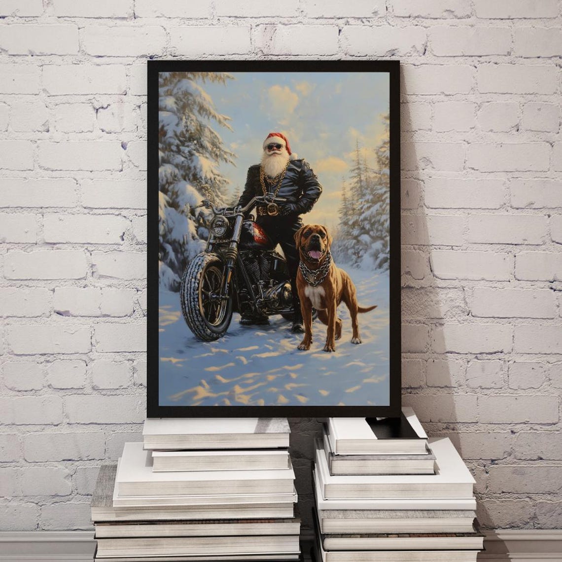 Biker Santa Motorcycle with Big Dog Funny Winter Holiday Poster - Image 2