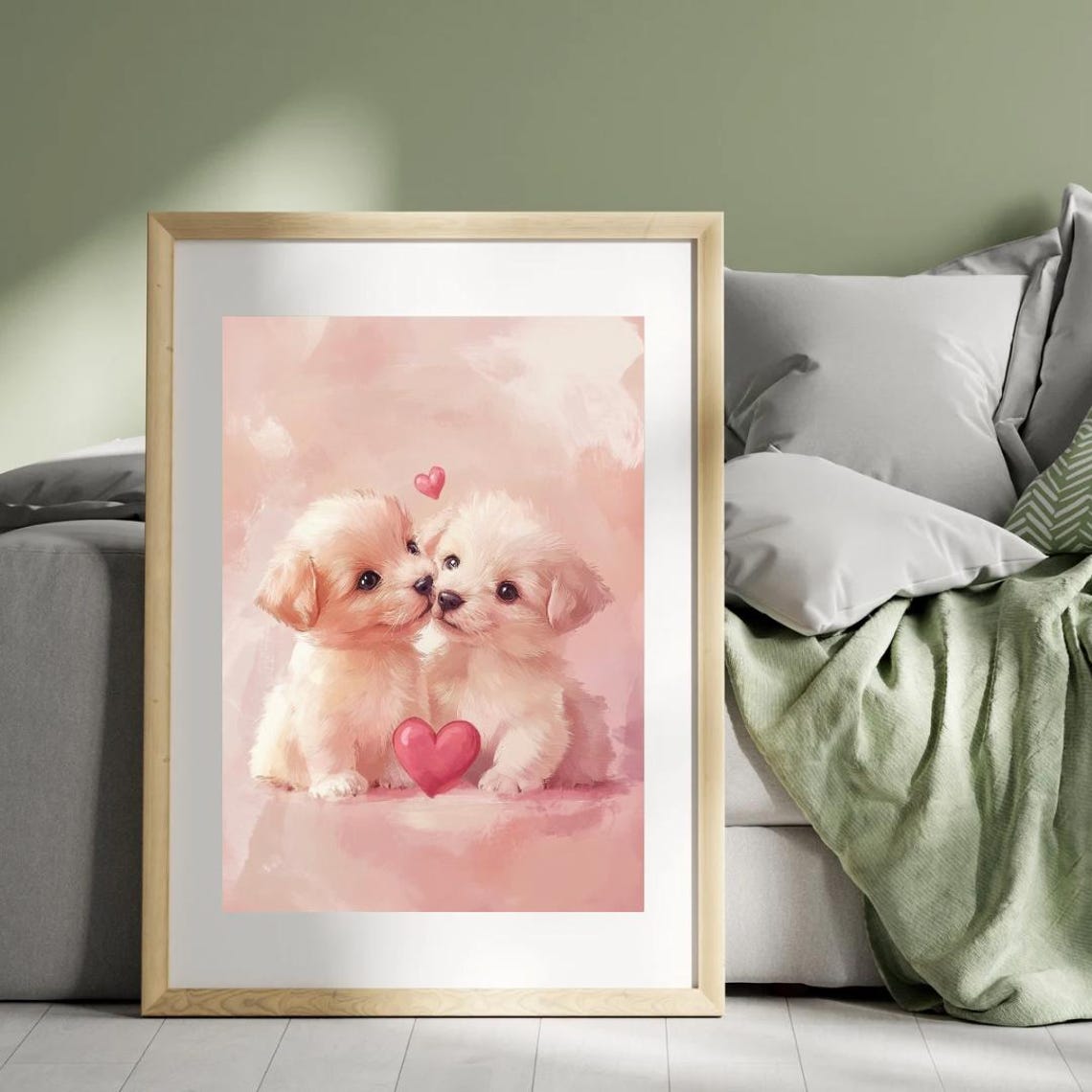 Two White Puppies Red Hearts Pink Background Puppy Love Poster - Image 6