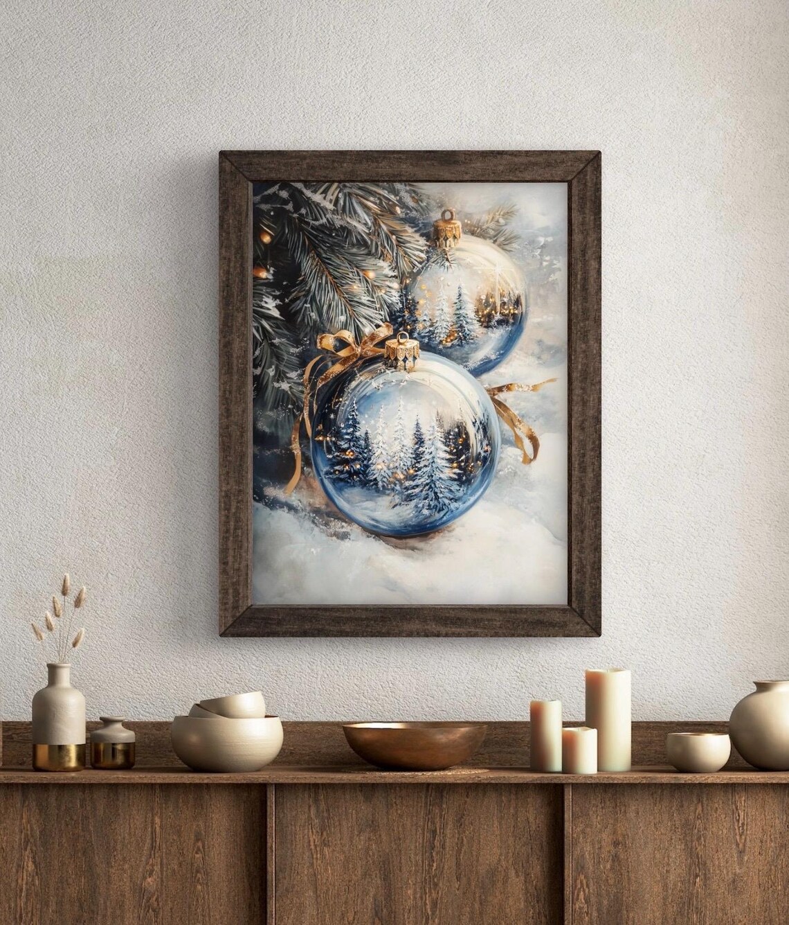 Blue Gold Christmas Ornaments Winter Festive Art Print - Image 3