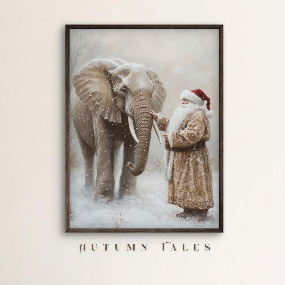 Santa and Elephant Reunion Christmas Art Print, Moody Winter