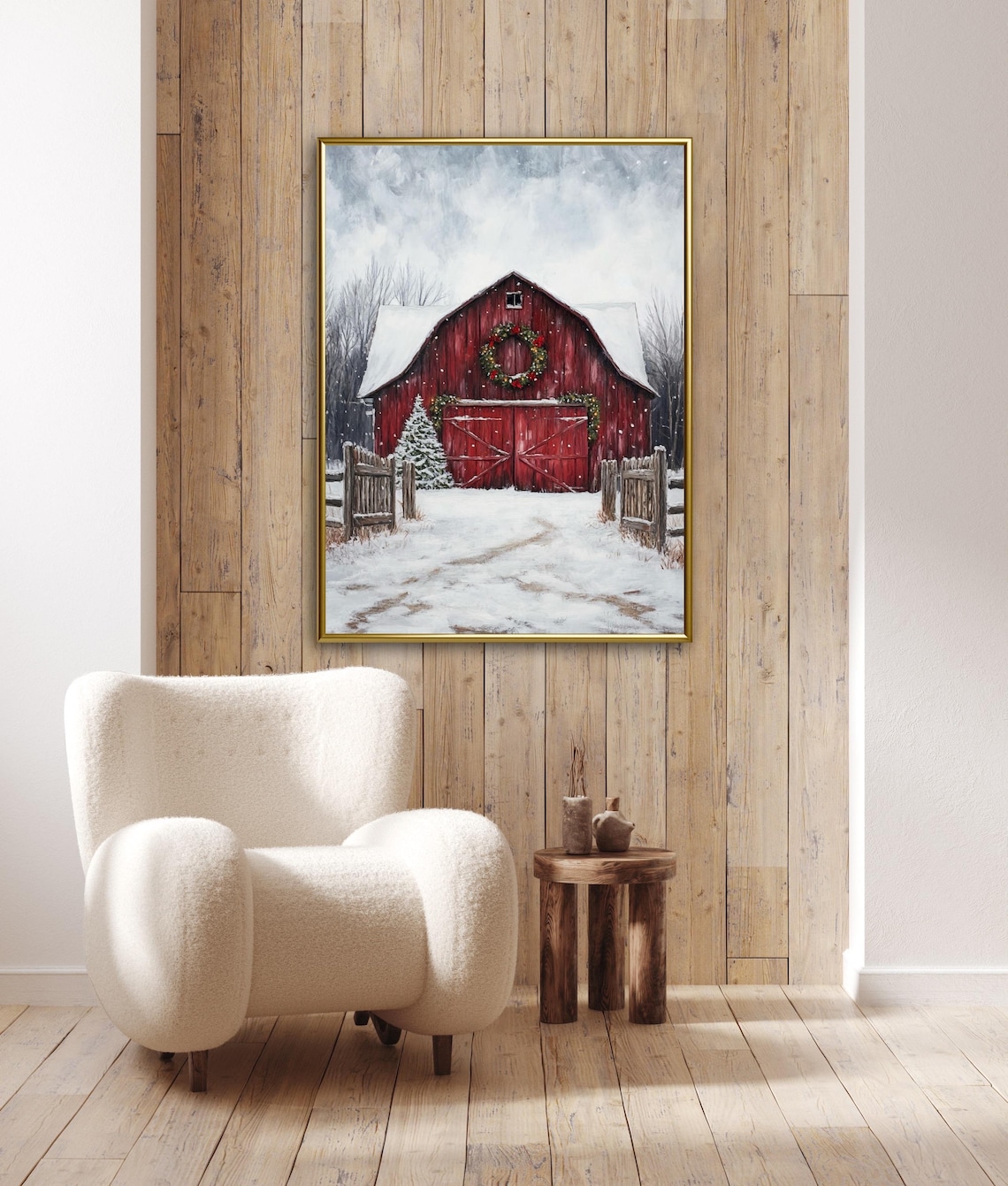 Cottagecore Christmas Rustic Red Barn Art Print - Image 3