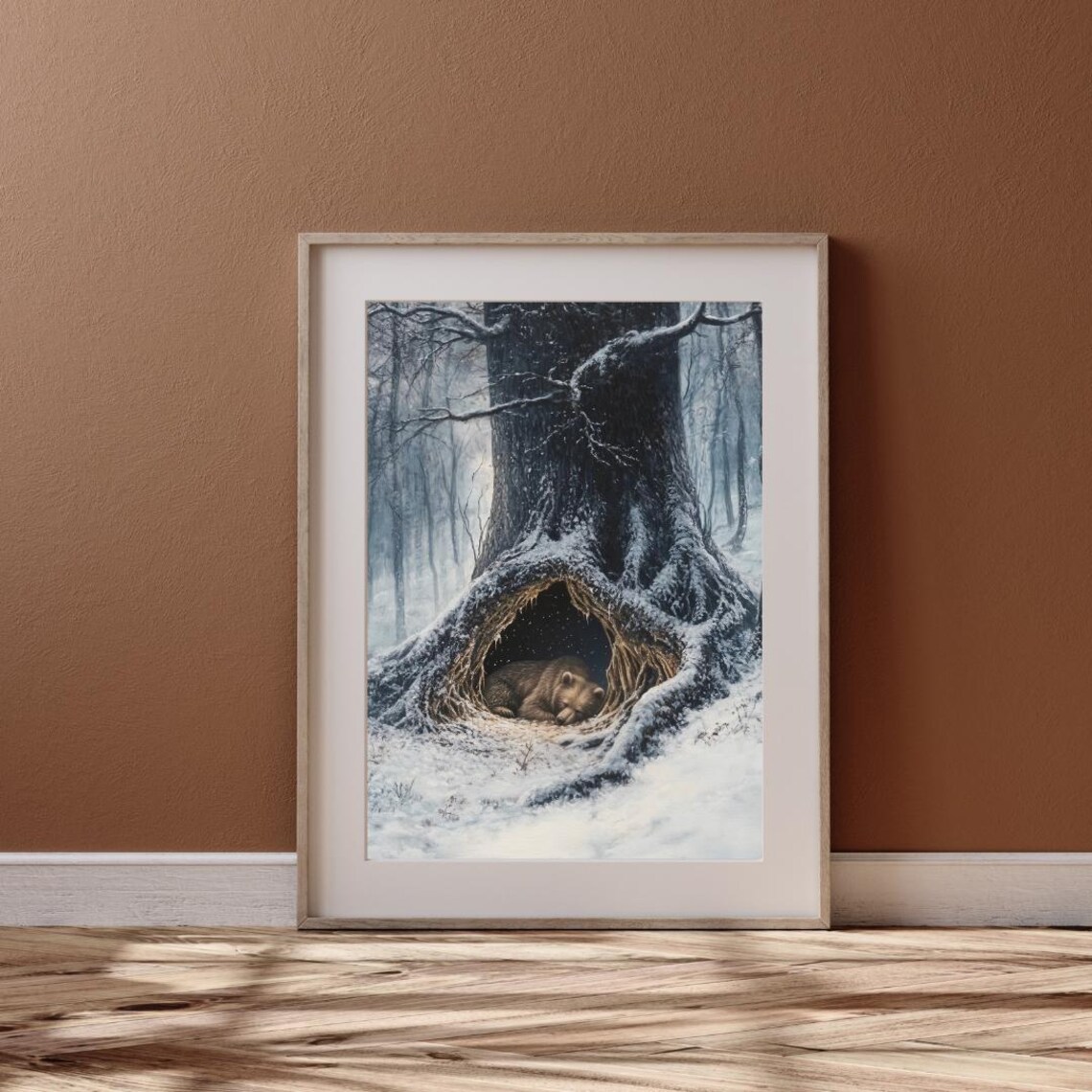 Sleeping Bear Resting Under Snowy Tree Roots Winter Forest Wall Art Poster - Image 6