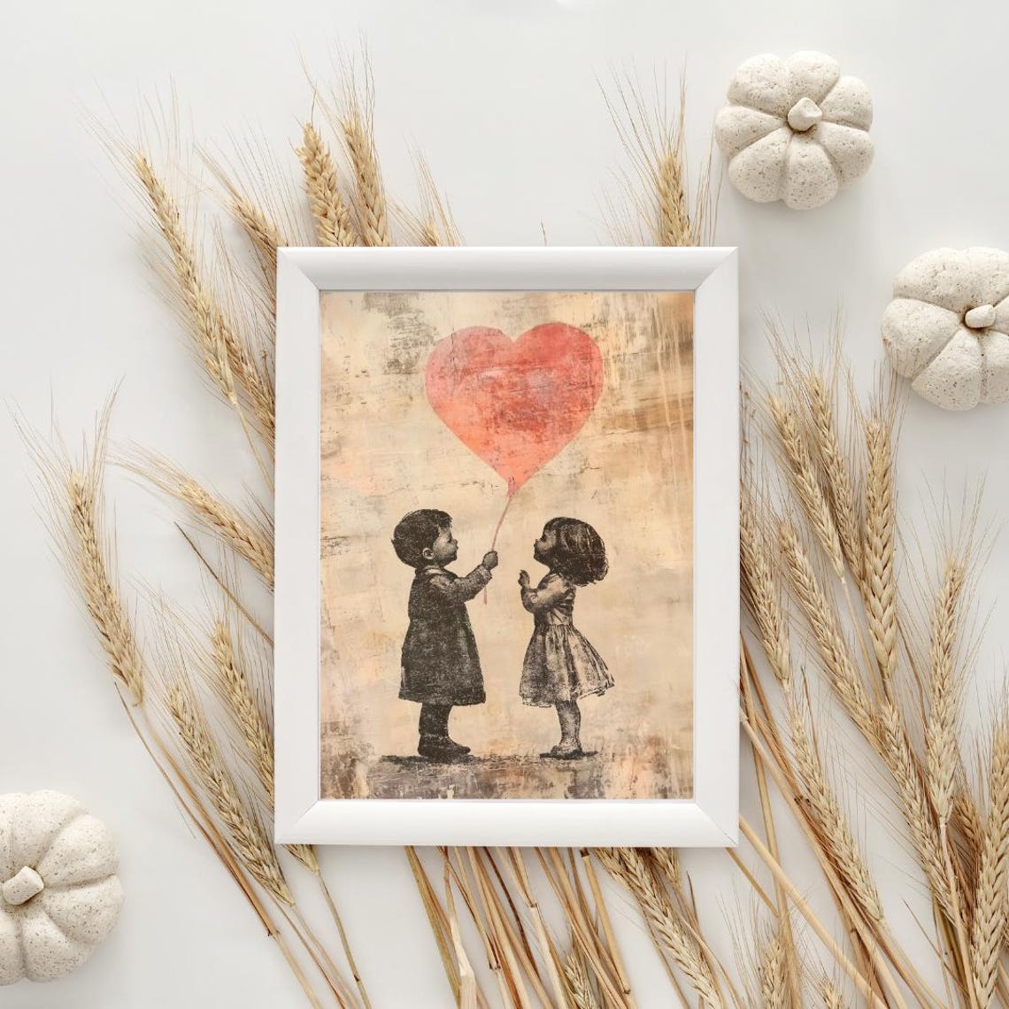 Two Children Giant Heart Balloon Rustic Valentines Day Poster - Image 3