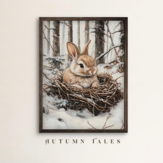 Bunny In Snow Covered Winter Forest Wall Art Print Winter Christmas Seasonal Wall Decor Wildlife Cute Animal