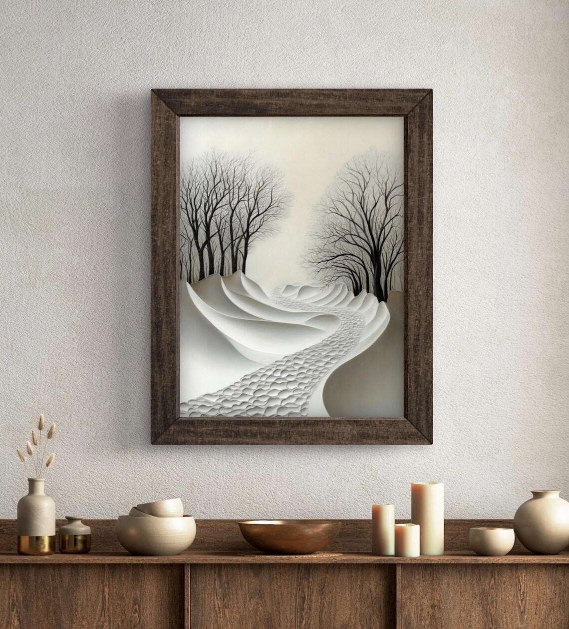 Minimalist Black and White Winter Path Through Bare Trees Snow Wall Art Poster - Image 6