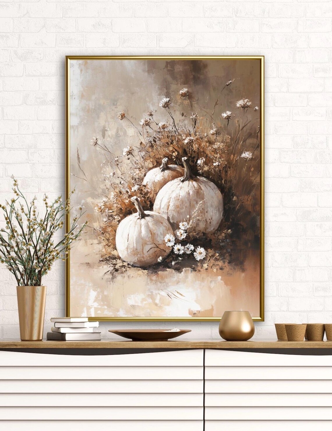 White Pumpkins With Wildflowers Neutral Farmhouse Autumn Style Wall Art - Image 2