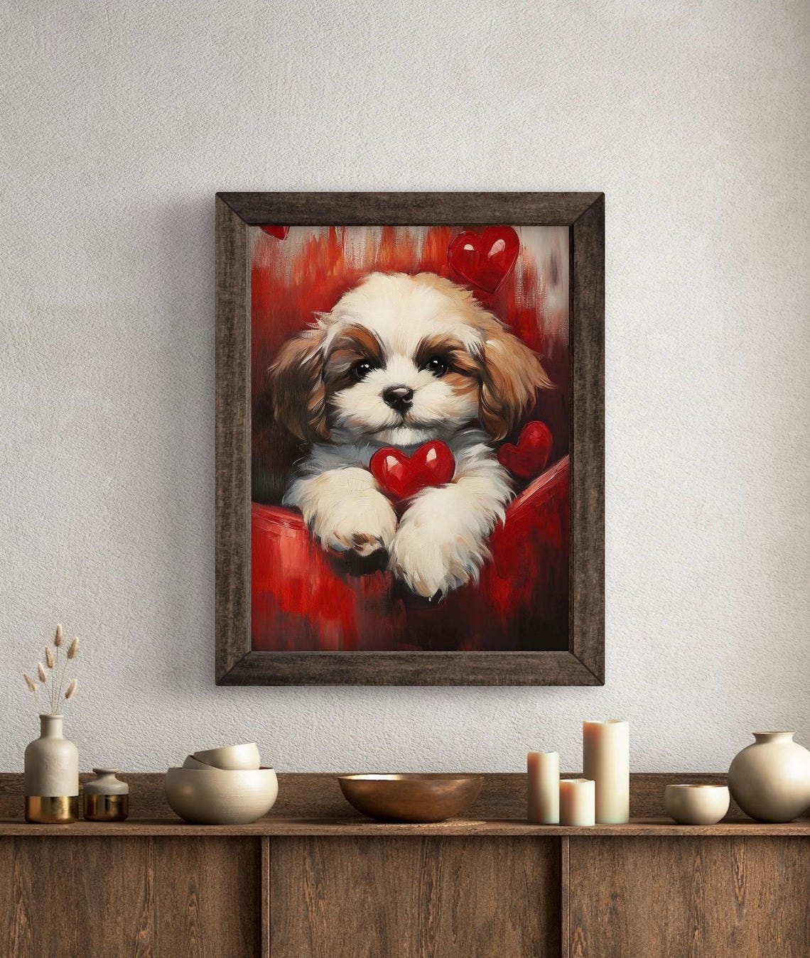 Valentines Day Wall Art Of Cute Shih Tzu Puppy Dog With Red Heart Red Aesthetic Animal Puppy Love - Image 3