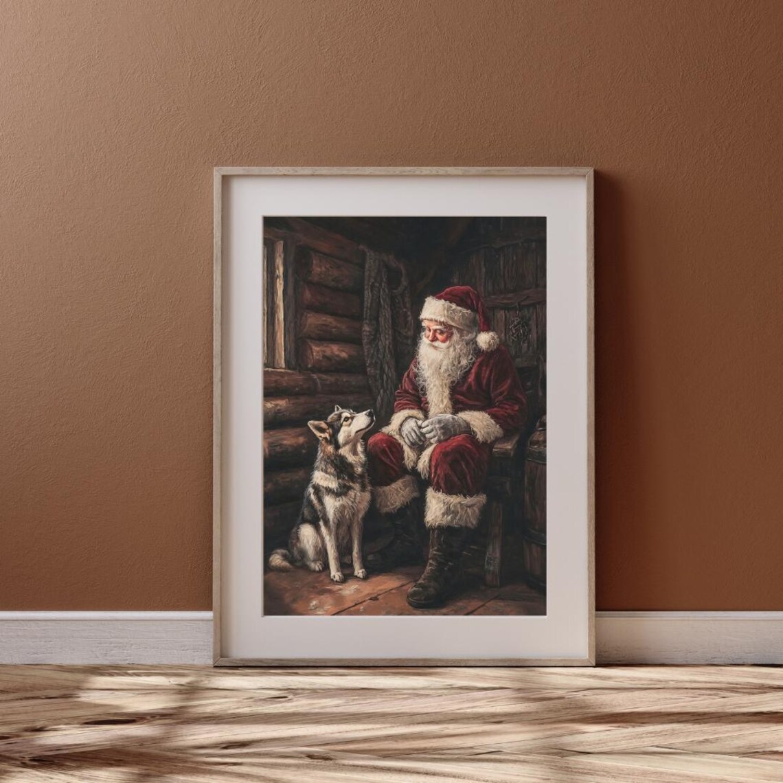 Santa and Husky Dog Cozy Cabin Vintage Christmas Art Print - Image 6