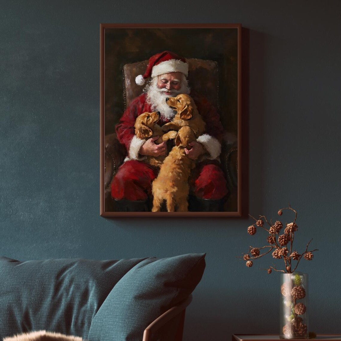 Santa And Golden Retriever Puppies Wall Art Moody Dark Christmas Of Cute Puppies Vintage Rustic Christmas Winter Home Decor - Image 5