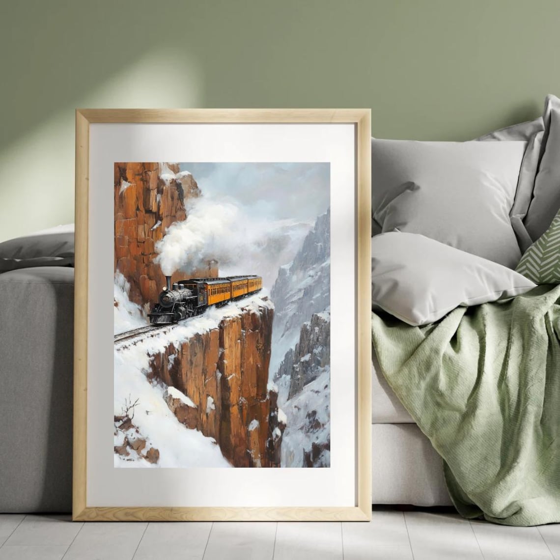 Steam Train on Snowy Cliffside Railway Through Winter Canyon Wall Art Poster - Image 3