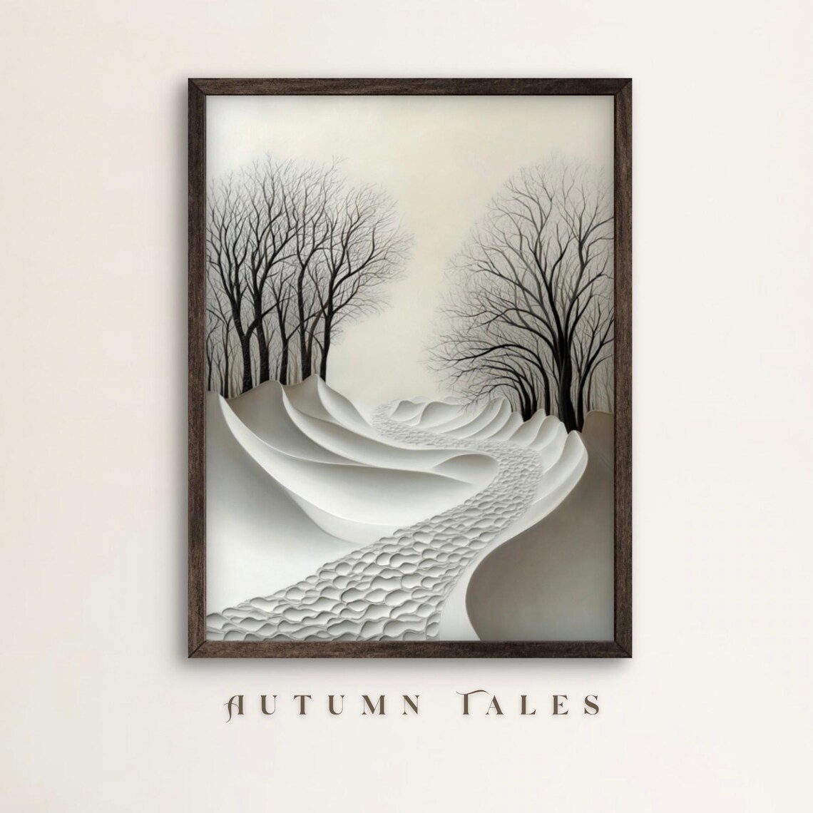 Minimalist Black and White Winter Path Through Bare Trees Snow Wall Art Poster