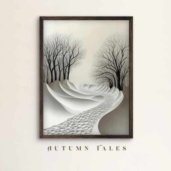 Minimalist Black and White Winter Path Through Bare Trees Snow Wall Art Poster