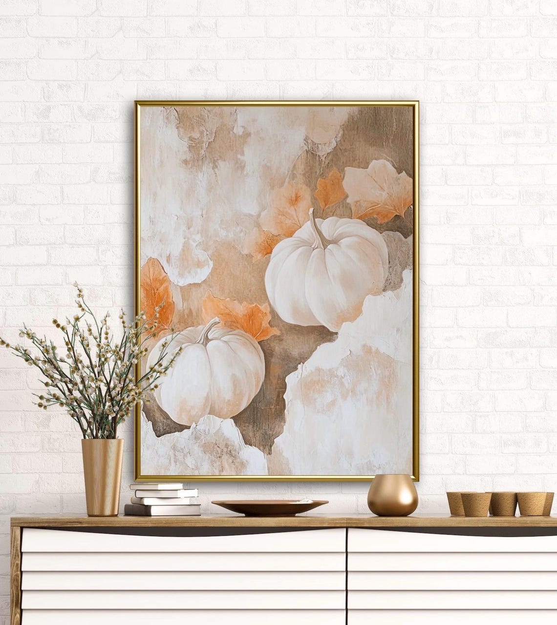 Autumn Tales Two White Pumpkins Rustic Fall Harvest Art Poster - Image 2