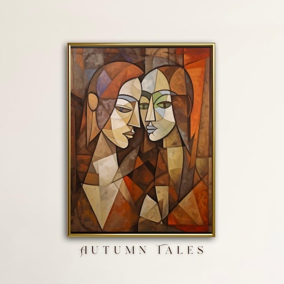 Autumn Tales Cubist Portrait of Two Women in Warm Fall Tones Poster