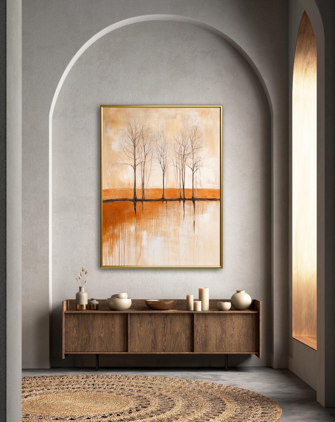 Warm Minimalist Autumn Trees Reflected In Orange Water Art Print - Image 2