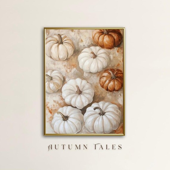 White and Rust Pumpkins Pattern Neutral Farmhouse Autumn Decor Wall Art