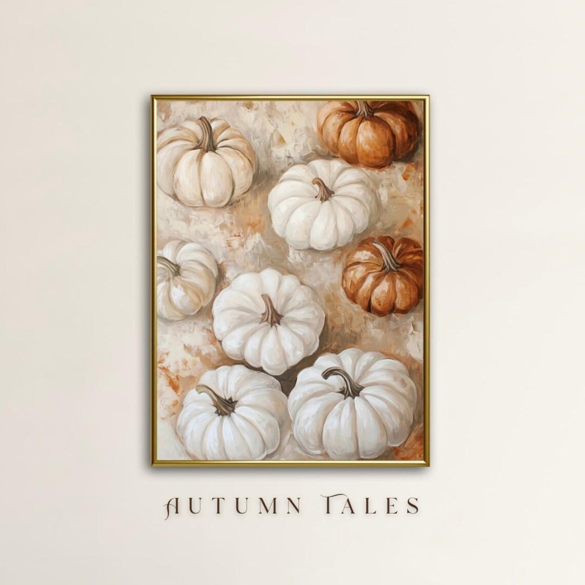 White and Rust Pumpkins Pattern Neutral Farmhouse Autumn Decor Wall Art