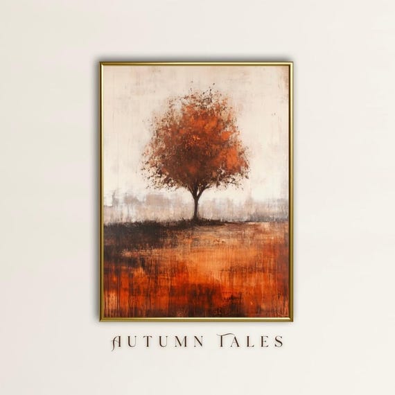 Fall Wall Art Rustic Orange Vintge Tree Landscape Art Print Minimalist Farmhouse Home Decor Earthy Cozy Art