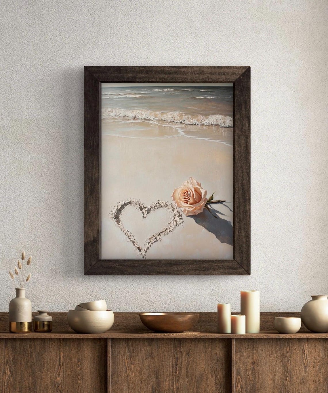 Beach Heart Sand Drawing Pink Rose Valentines Romantic Poster - Image 5