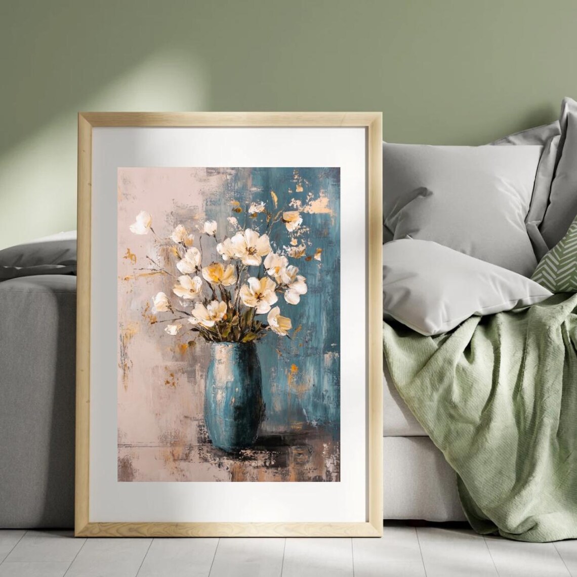 Blue Ceramic Vase with White Flowers Abstract Floral Still Life Wall Art Print - Image 3