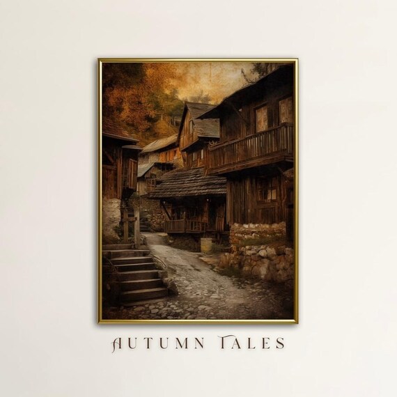 Antique Wooden Village Street With Cobblestone Path Golden Autumn Art Poster