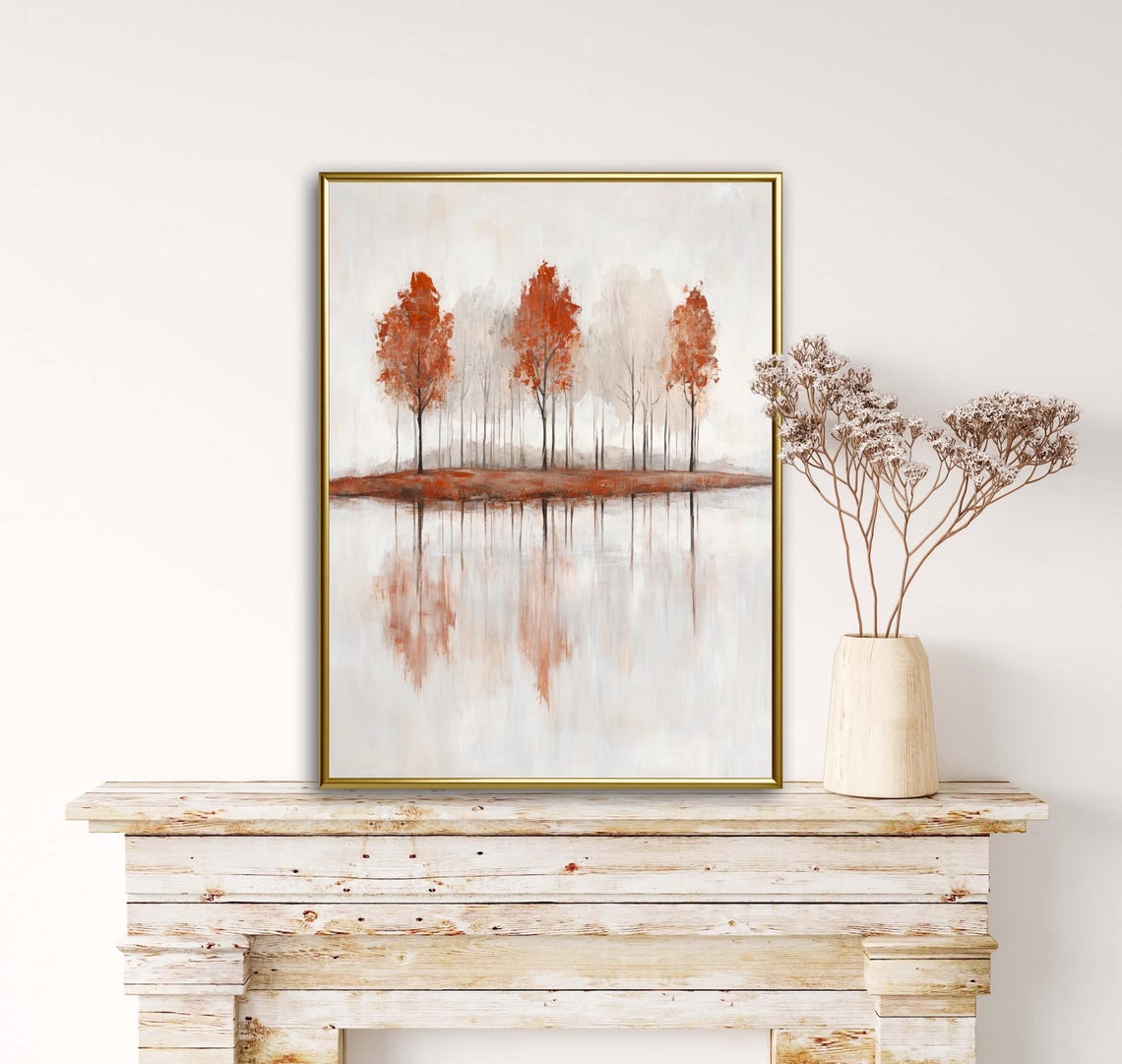 Rustic Orange Trees Lake Reflection Minimalist Autumn Landscape Poster - Image 6