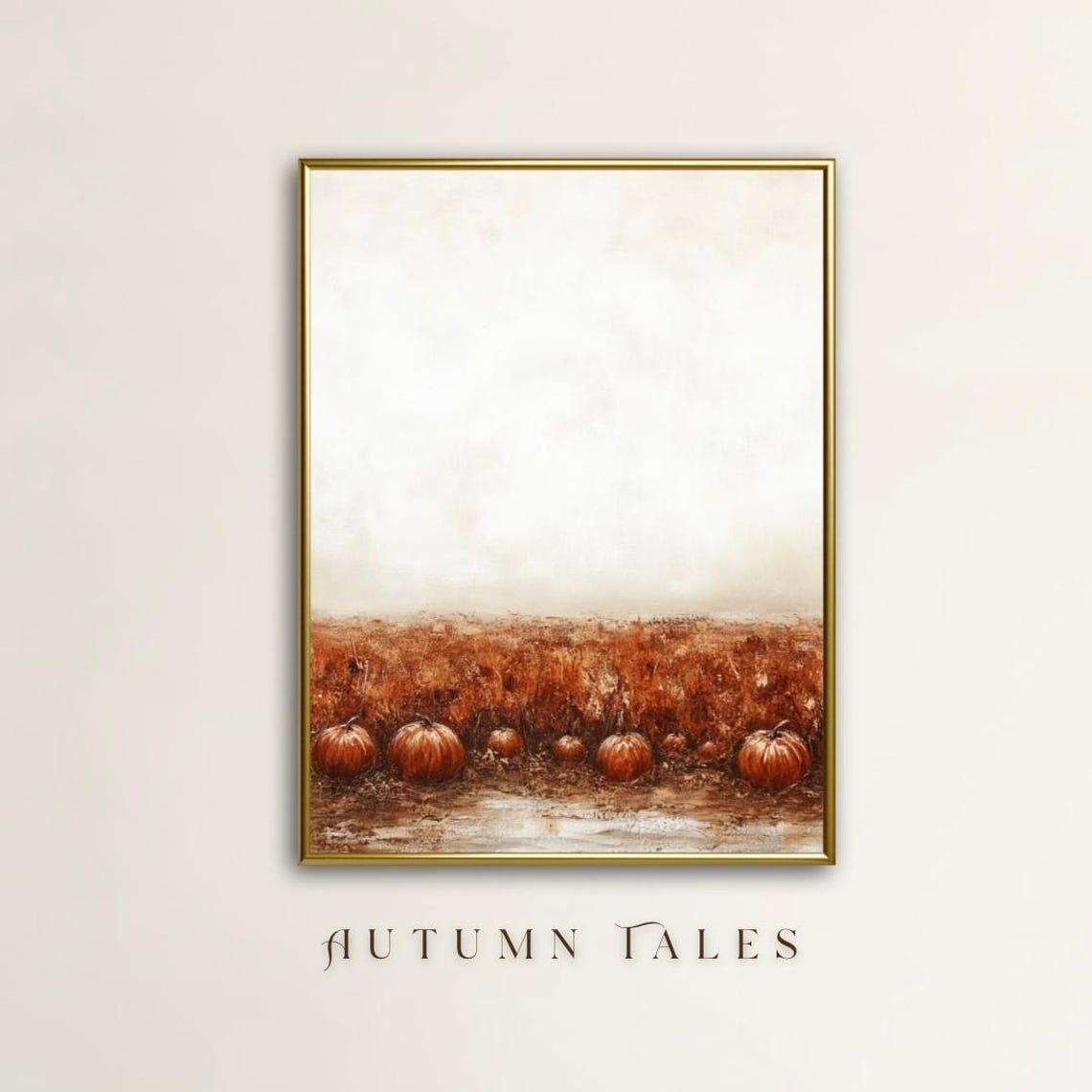 Row of Orange Pumpkins in Rust Field Under Pale Sky Fall Mood Wall Art
