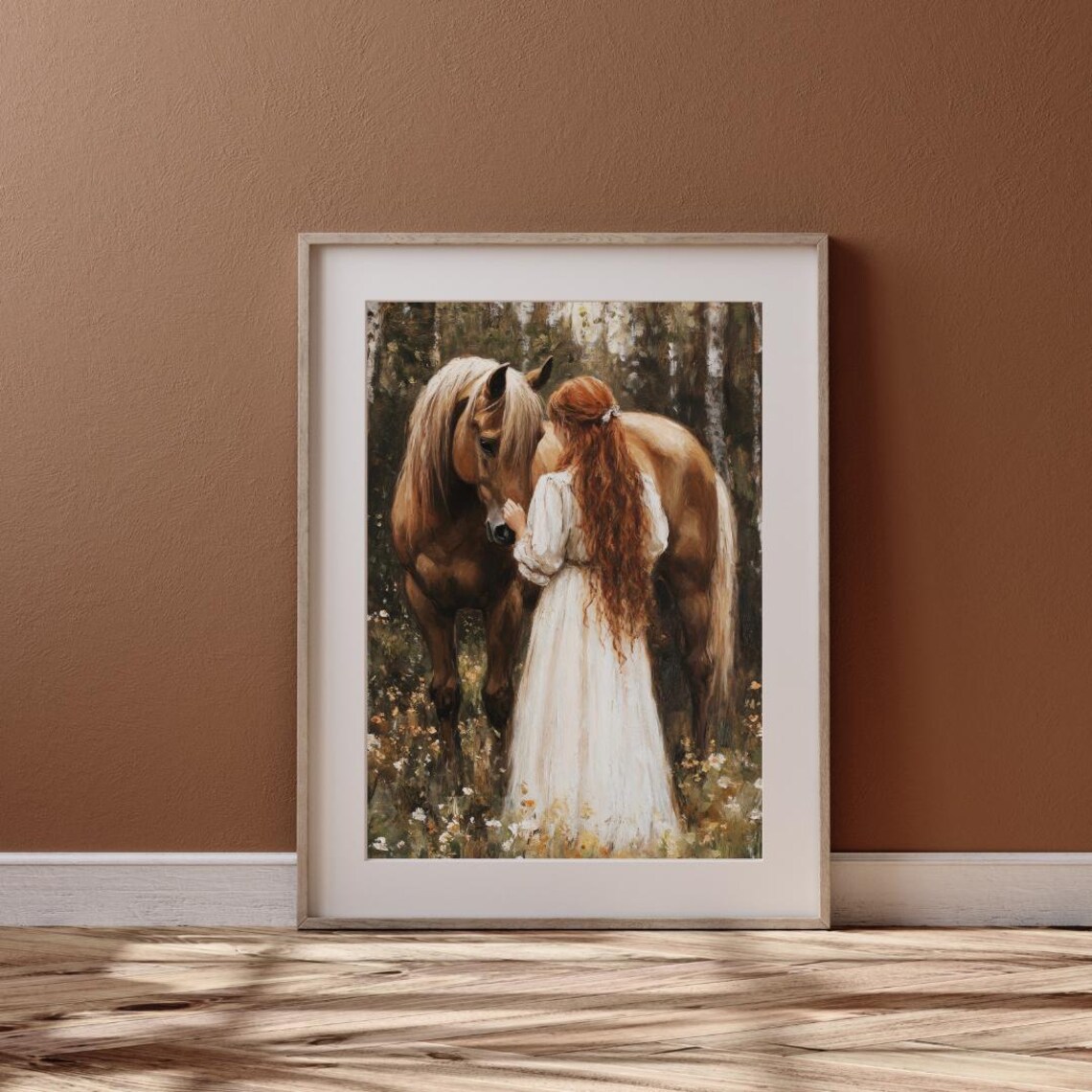Red Haired Girl with Brown Horse in Flower Forest Vintage Wall Art Poster - Image 5
