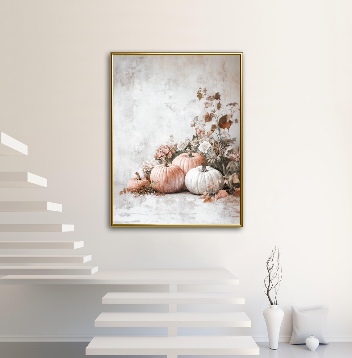 White And Blush Pumpkins With Wildflowers Still Life Fall Wall Art Poster - Image 2