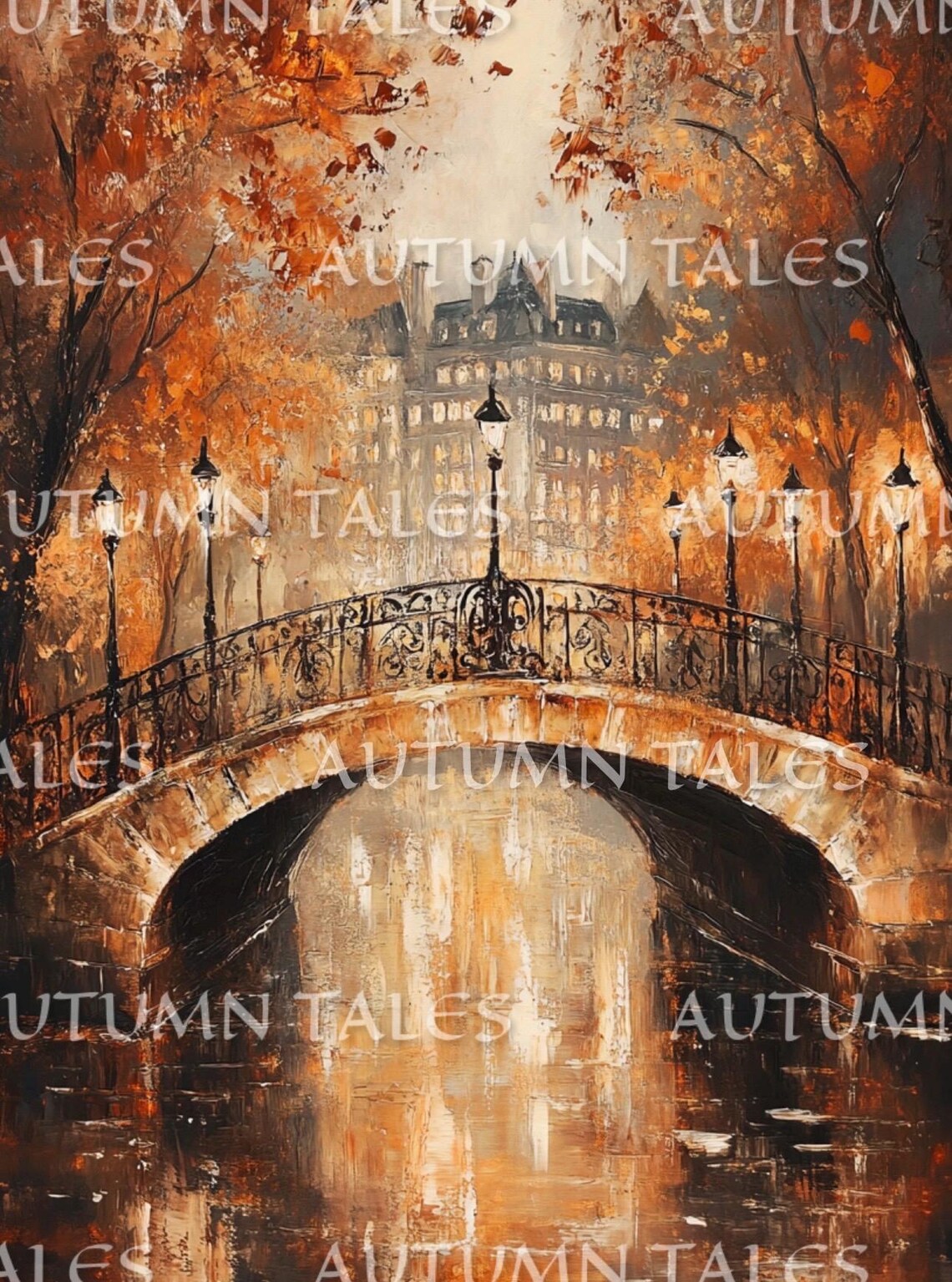 Autumn Tales Vintage Paris Night Bridge Cityscape Moody Oil Painting Print - Image 3