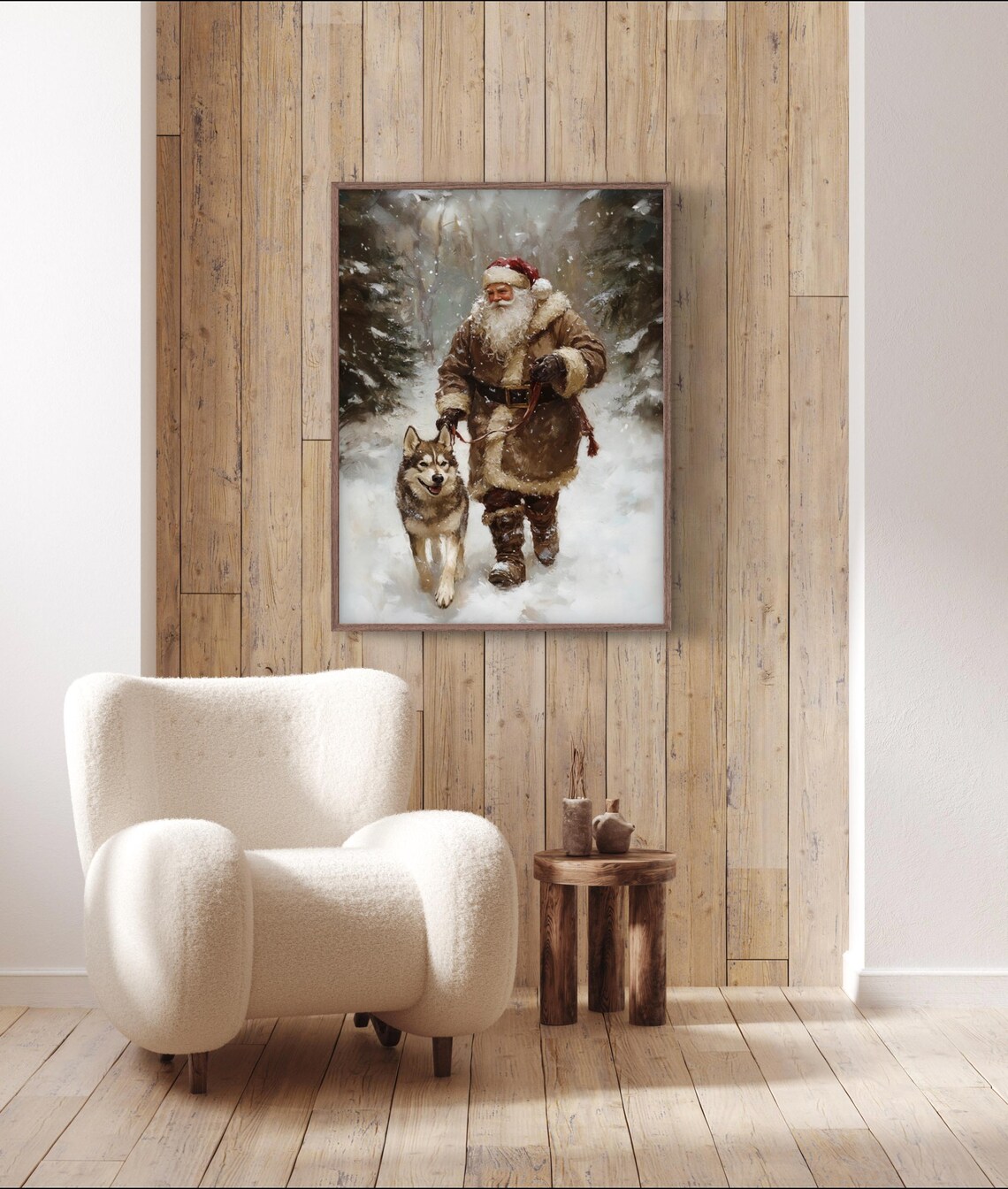 Santa Husky Dog Vintage Christmas Landscape Art Print - Image 2