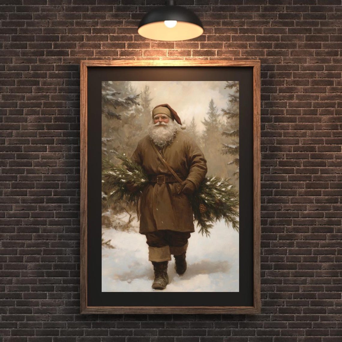 Rustic Santa Claus Carrying Evergreens Snowy Forest Christmas Wall Art - Image 2