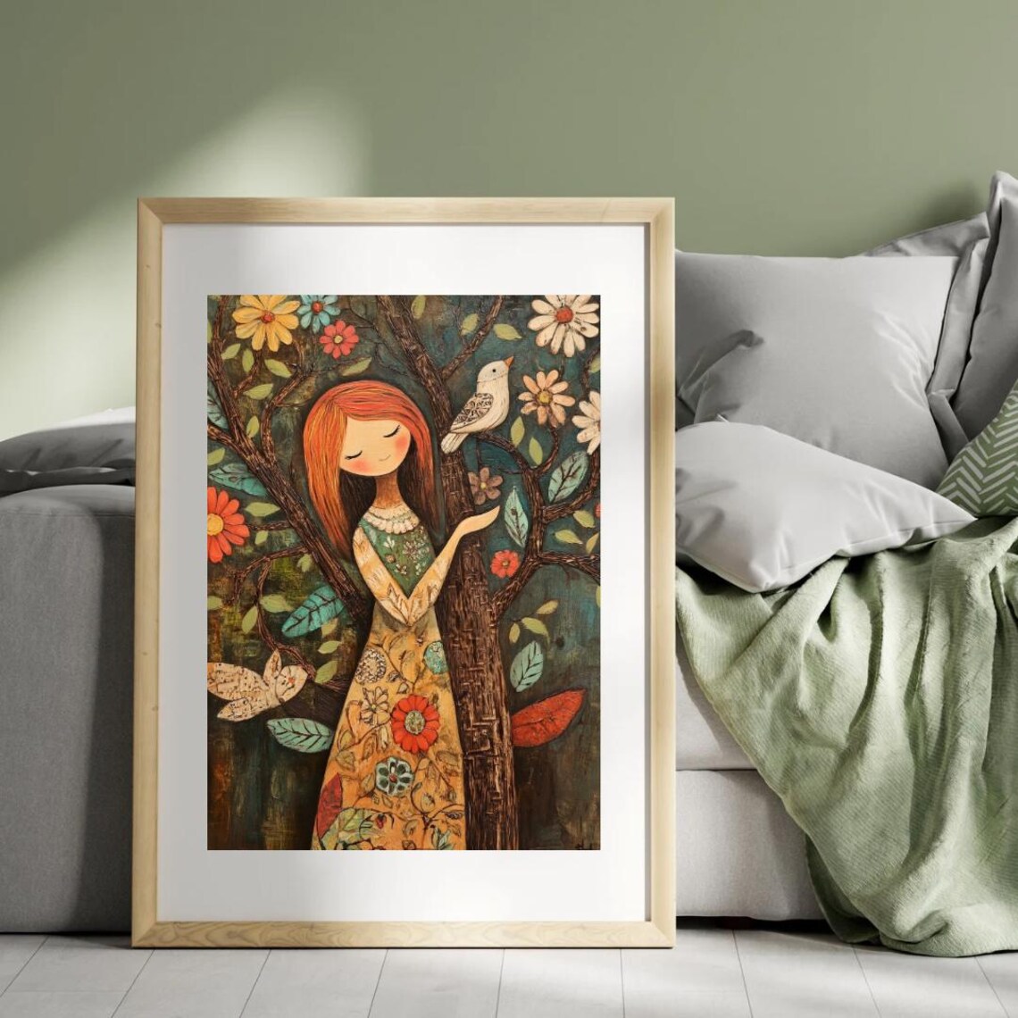 Red Haired Girl by Blooming Tree with Bird Whimsical Folk Art Wall Art Poster - Image 4