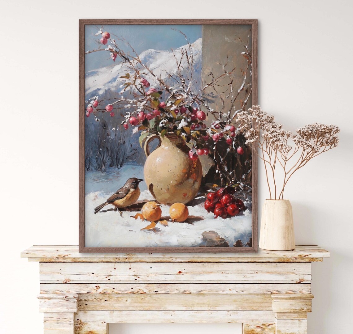 Winter Still Life Vase Of Snowy Red Berries With Little Bird Snow Art Print - Image 3