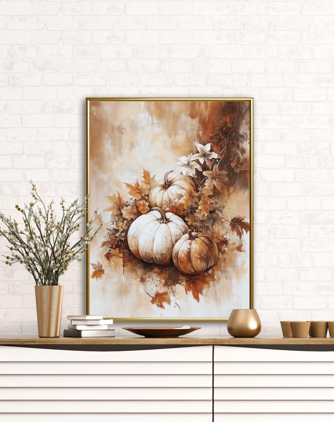 White Pumpkins Autumn Leaves Moody Still Life Fall Harvest Rustic Wall Art - Image 2