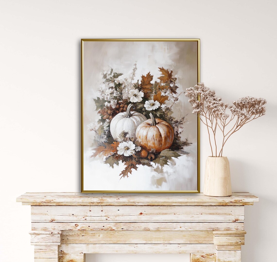 White and Orange Pumpkins With Wildflowers Bouquet Autumn Style Wall Art - Image 4