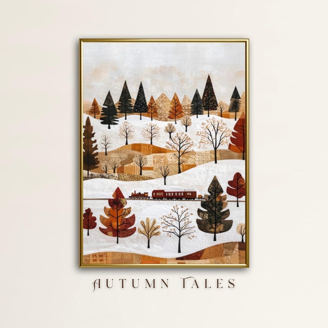 Folk Patchwork Train Snowy Hills Autumn Trees Christmas Poster