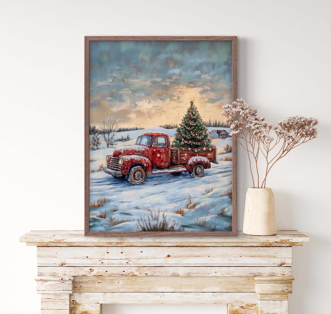 Vintage Red Truck Carrying Christmas Tree Art Print - Image 2