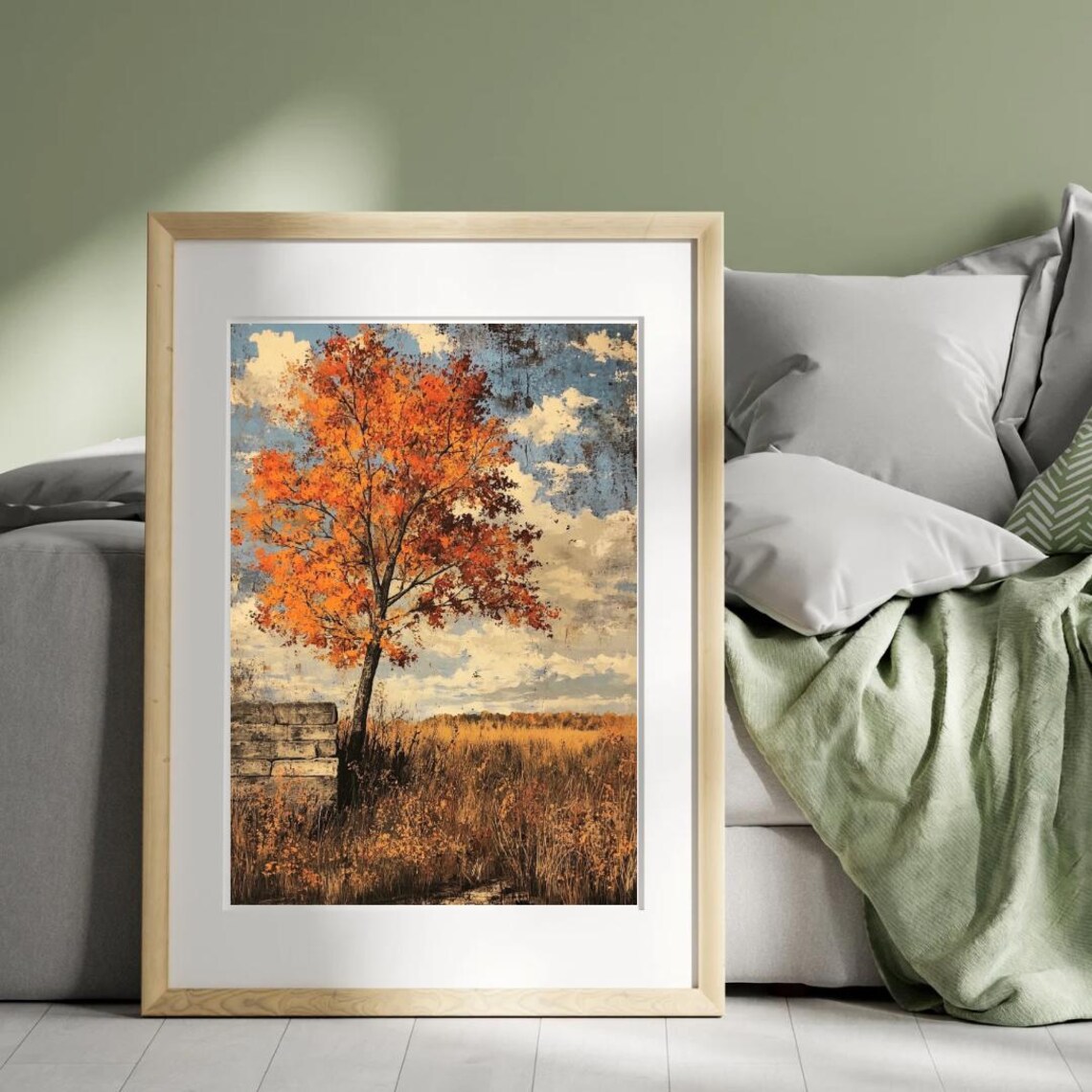 Autumn Tales Lone Maple Tree Fiery Leaves Golden Field Landscape Poster - Image 4