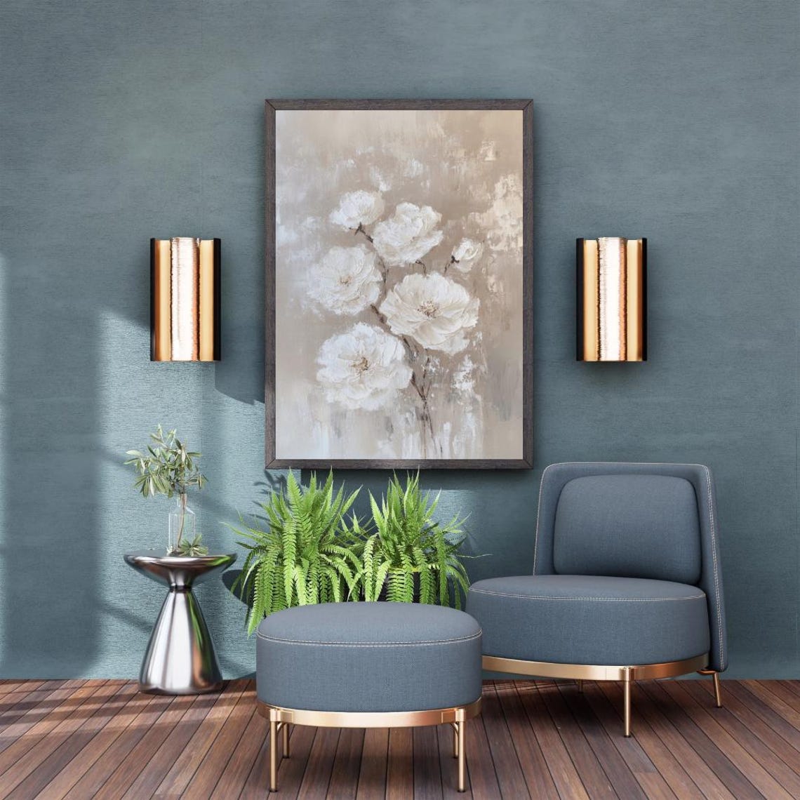 White Peonies on Soft Beige Abstract Minimalist Floral Wall Art Print - Image 5
