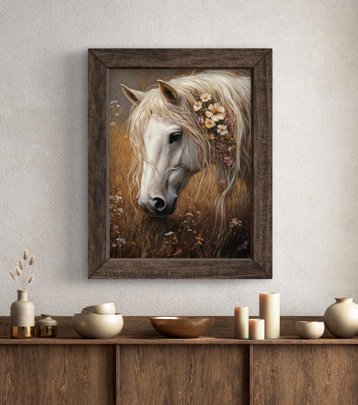 White Horse Portrait in Golden Meadow with Wildflowers Vintage Wall Art Poster - Image 5
