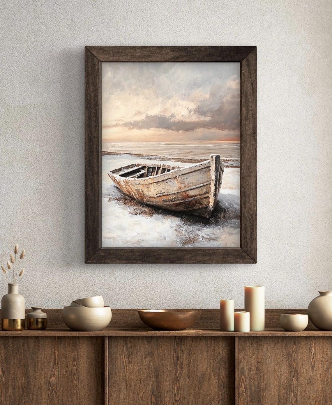 Weathered Wooden Rowboat On Snowy Beach Winter Sunset Seascape Poster - Image 5