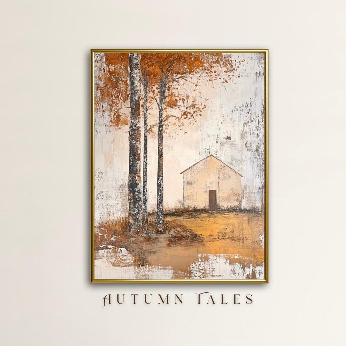 Textured Rustic Autumn Barn With Birch Trees Oil Painting Art Print
