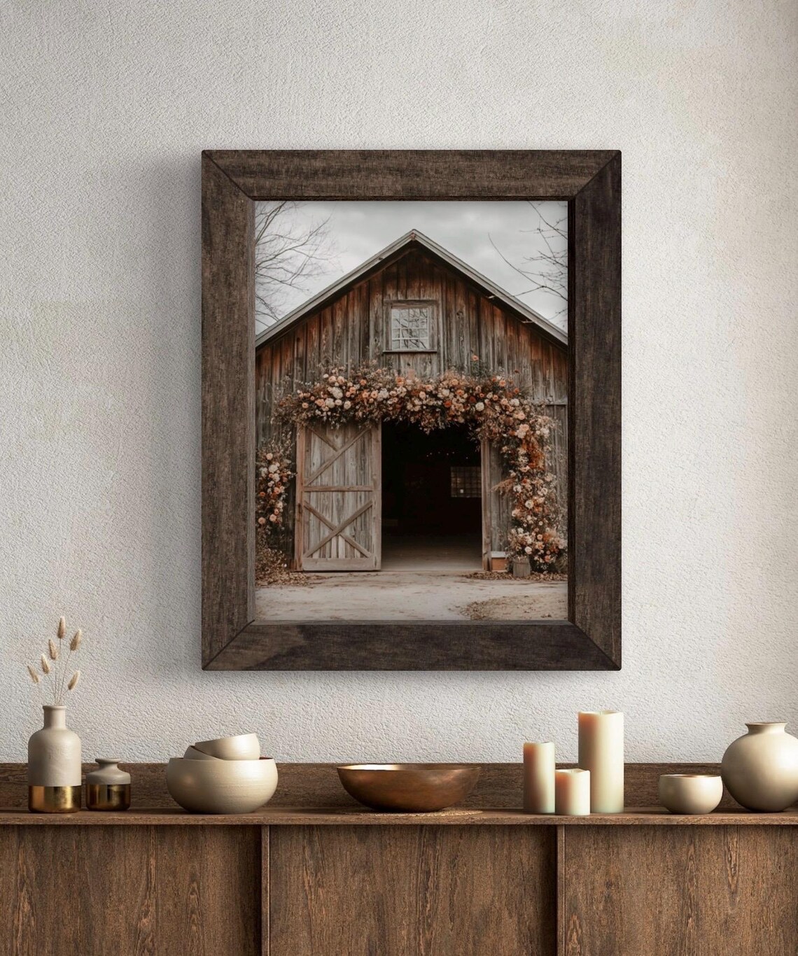 Rustic Wooden Barn with Floral Arch Over Doors Vintage Farmhouse Wall Art Poster - Image 5