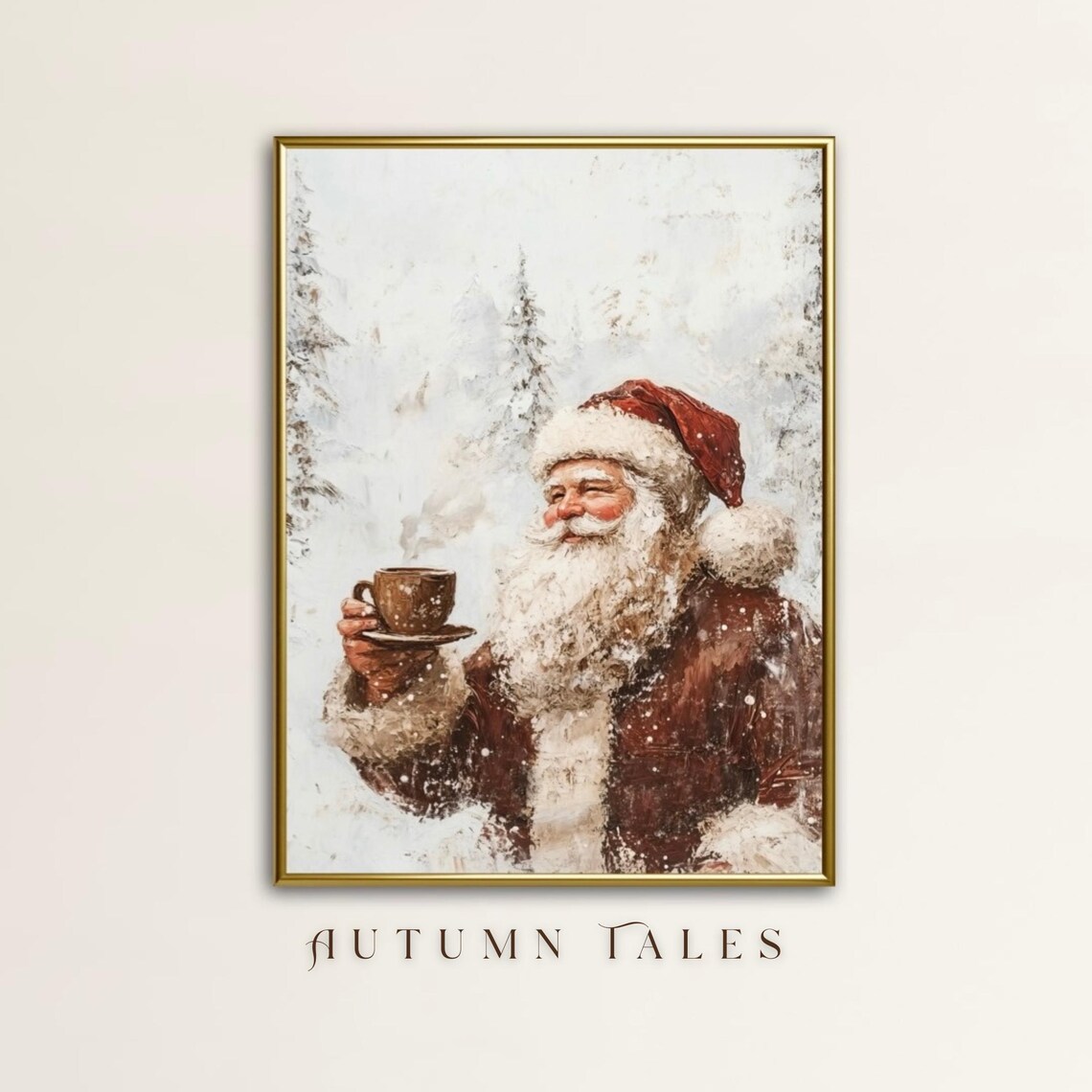 Santa Having Coffee Snow Covered Forest Wall Art Print
