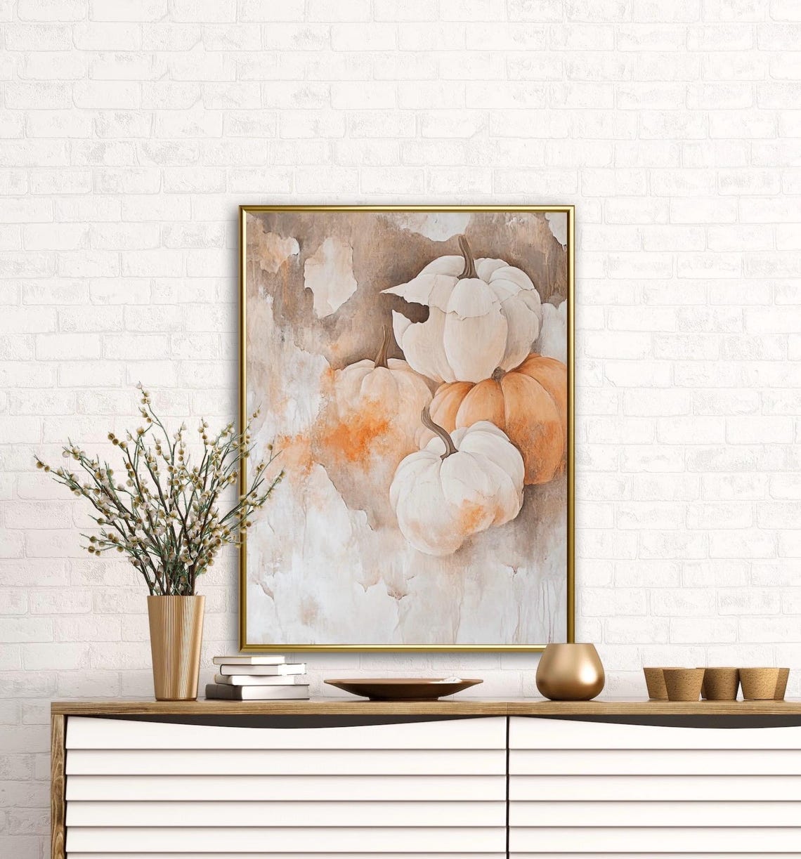 Autumn Tales Pumpkin Stack White Orange Fall Harvest Art Poster - Image 2