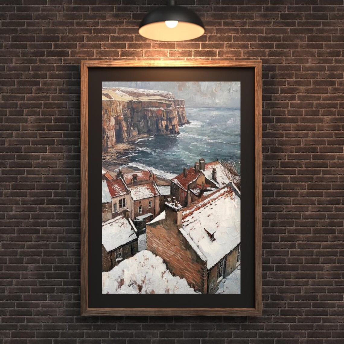 Snowy English Coastal Fishing Village Cliff Cottages Winter Seaside Poster - Image 3
